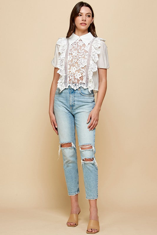 White crochet lace see through blouse, - PRIVILEGE 