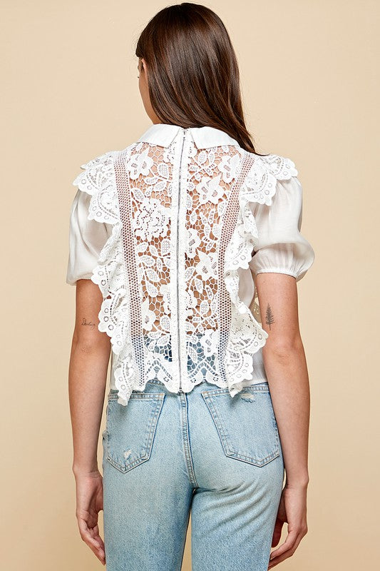 White crochet lace see through blouse, - PRIVILEGE 