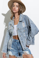 Sparkling Studded Distressed Frayed Oversized Denim Jacket - PRIVILEGE 