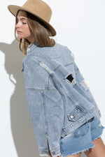 Sparkling Studded Distressed Frayed Oversized Denim Jacket - PRIVILEGE 