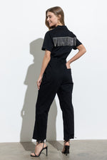 Utility Twill Stretch Tie-Front Rhinestone Pocket Back Detail Jumpsuit - PRIVILEGE 