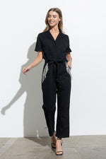 Utility Twill Stretch Tie-Front Rhinestone Pocket Back Detail Jumpsuit - PRIVILEGE 