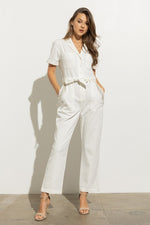 Utility Twill Stretch Tie-Front Rhinestone Pocket Back Detail Jumpsuit - PRIVILEGE 