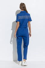 Utility Twill Stretch Tie-Front Rhinestone Pocket Back Detail Jumpsuit - PRIVILEGE 