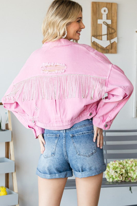 Rhinestone Fringe Distressed Denim Jacket - PRIVILEGE 