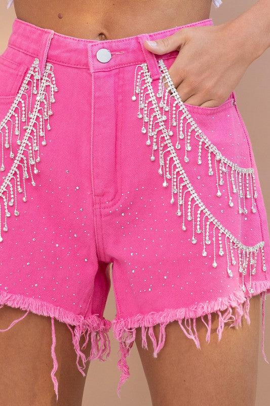 Sprinkle Gem Double Rhinestone Fringe Denim Short - PRIVILEGE 