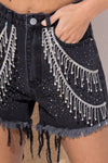 Sprinkle Gem Double Rhinestone Fringe Denim Short - PRIVILEGE 