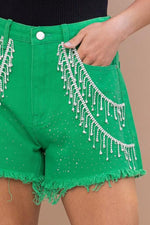 Sprinkle Gem Double Rhinestone Fringe Denim Short - PRIVILEGE 