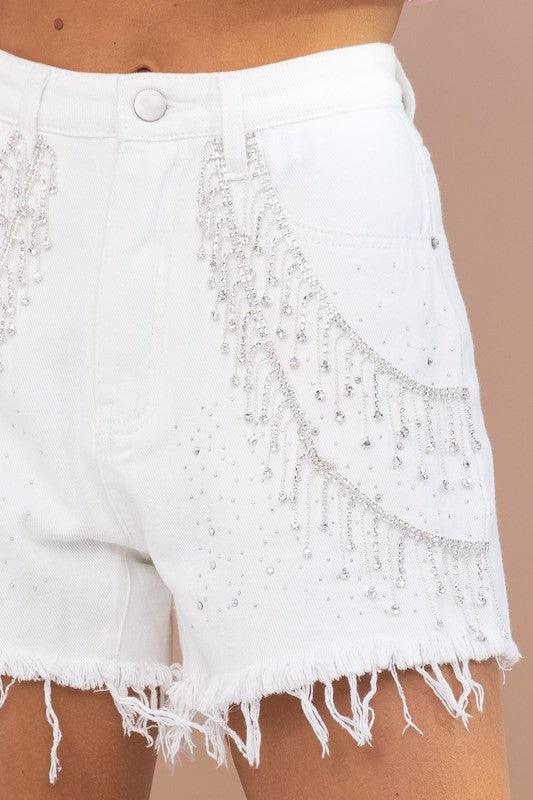 Sprinkle Gem Double Rhinestone Fringe Denim Short - PRIVILEGE 