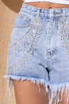 Sprinkle Gem Double Rhinestone Fringe Denim Short - PRIVILEGE 