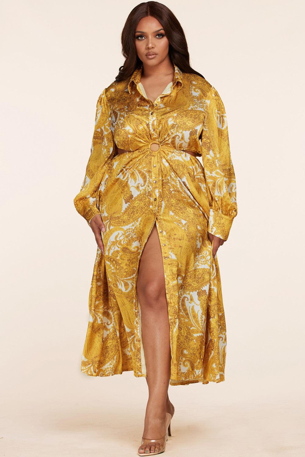 GOLD PRINT MIDID DRESS - PRIVILEGE 