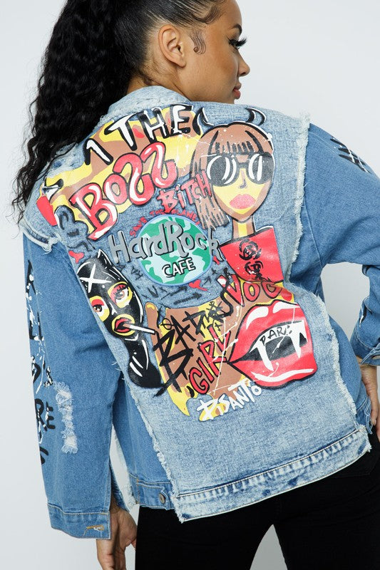 Distressed graffitti Patchwork Denim Jacket - PRIVILEGE 