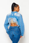 Fringed Patched Cropped Denim Jacket - PRIVILEGE 