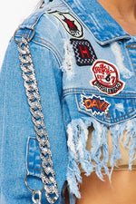 Fringed Patched Cropped Denim Jacket - PRIVILEGE 