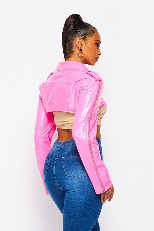 Cropped Latex Biker Moto Jacket - PRIVILEGE 