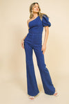 Denim jumpsuit featuring one shoulder neckline, puff sleeve, - PRIVILEGE 