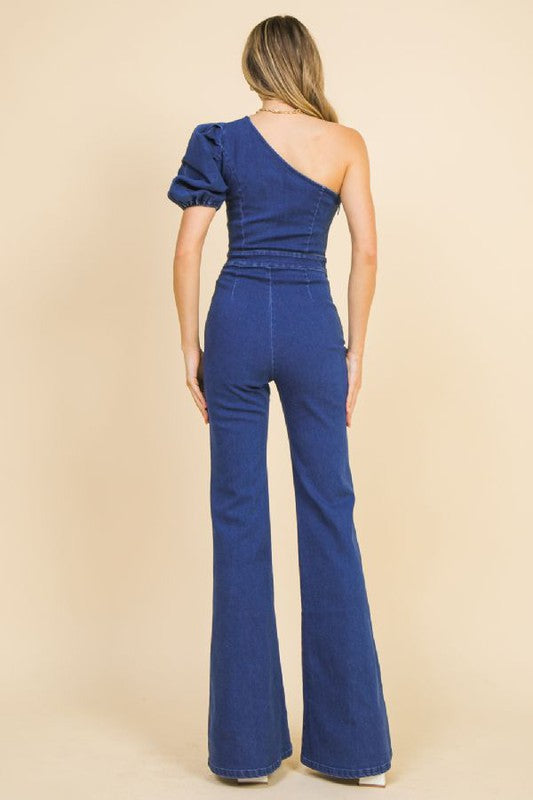 Denim jumpsuit featuring one shoulder neckline, puff sleeve, - PRIVILEGE 