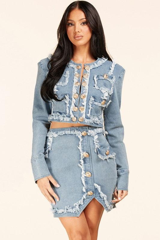 MILITARY STYLE DENIM JACKT AND SKIRT SET - PRIVILEGE 