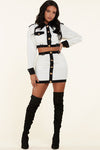 white and black skirt set featured a cropped jacket with black edge details - PRIVILEGE 