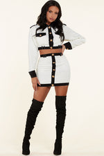 white and black skirt set featured a cropped jacket with black edge details - PRIVILEGE 