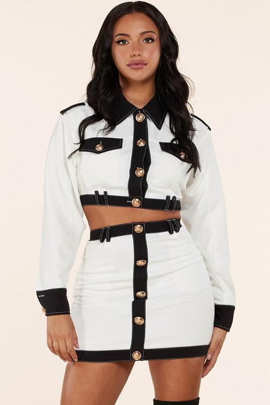 white and black skirt set featured a cropped jacket with black edge details - PRIVILEGE 