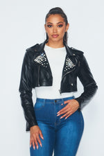 FAUX LATHER CROP RHINESTONE JACKET - PRIVILEGE 