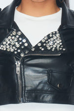 FAUX LATHER CROP RHINESTONE JACKET - PRIVILEGE 