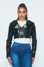 FAUX LATHER CROP RHINESTONE JACKET - PRIVILEGE 