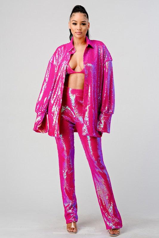 SEQUIN PINK 3PC BRA SHIRT PANT SET - PRIVILEGE 