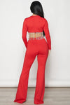 - 2PCS SET - RHINESTONE FRINGE CROP TOP W/ MATCHING FLARE PANTS - PRIVILEGE 