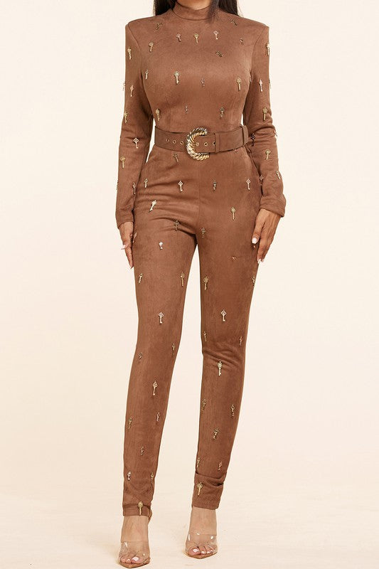 BROWN SUEDE KEY JUMPSUIT - PRIVILEGE 