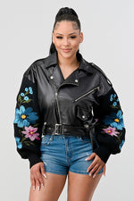 EMBROIDERY FLORAL SLEEVE FAUX LAETHER  JACKET - PRIVILEGE 