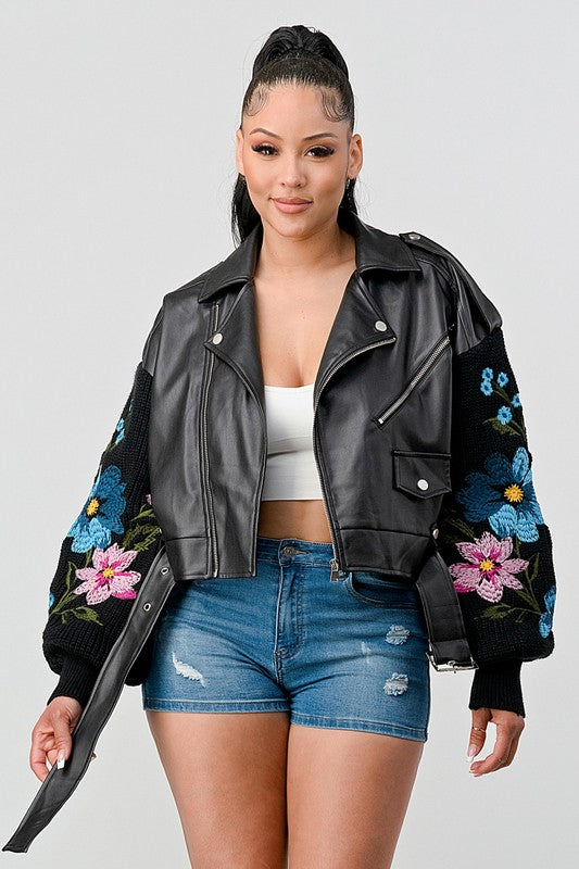 EMBROIDERY FLORAL SLEEVE FAUX LAETHER  JACKET - PRIVILEGE 