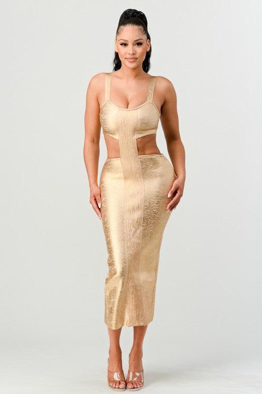 GOLD BANDAGE MIDI DRESS - PRIVILEGE 