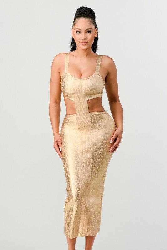 GOLD BANDAGE MIDI DRESS - PRIVILEGE 