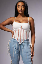 RHINESTONE FRINGE SHEER MESH CORSET TOP - PRIVILEGE 