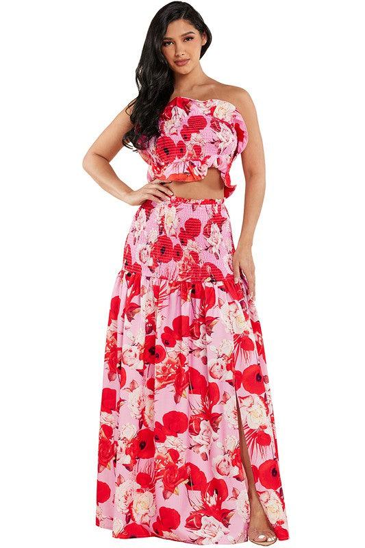 POPPY FLOWER PRINT TUBE TOP AND MAXI SKIRT - PRIVILEGE 