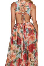 RED FLORAL MAXI DRESS DRAWSTRING OPEN BACK - PRIVILEGE 