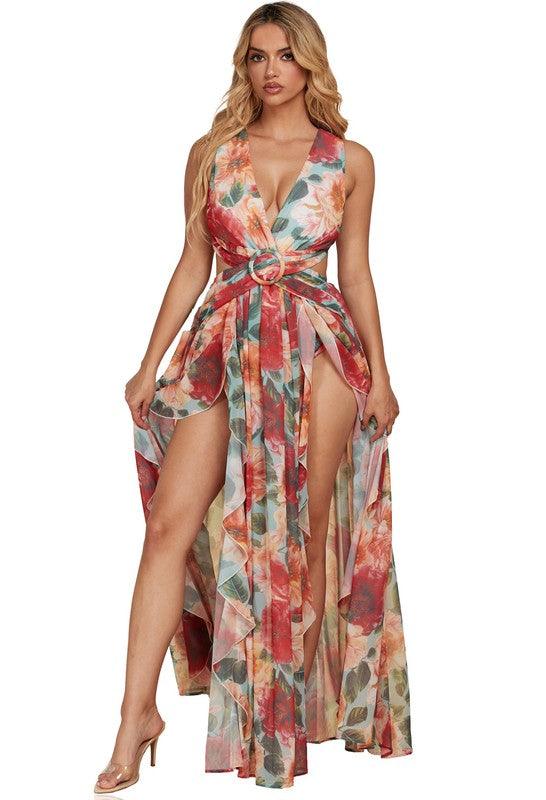 RED FLORAL MAXI DRESS DRAWSTRING OPEN BACK - PRIVILEGE 