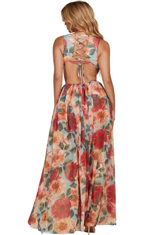 RED FLORAL MAXI DRESS DRAWSTRING OPEN BACK - PRIVILEGE 