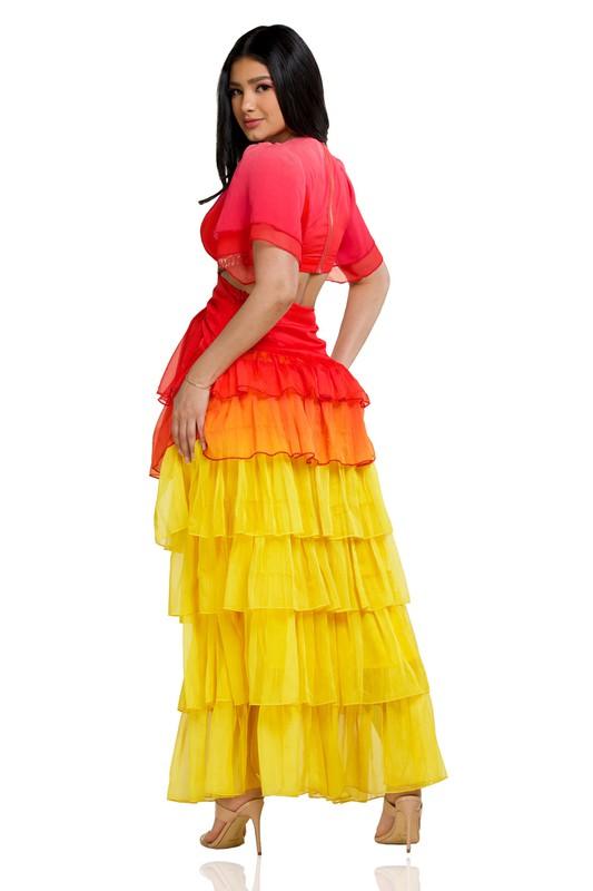 RED YELLOW OPEN BACK CHIFFON MAXI DRESS - PRIVILEGE 