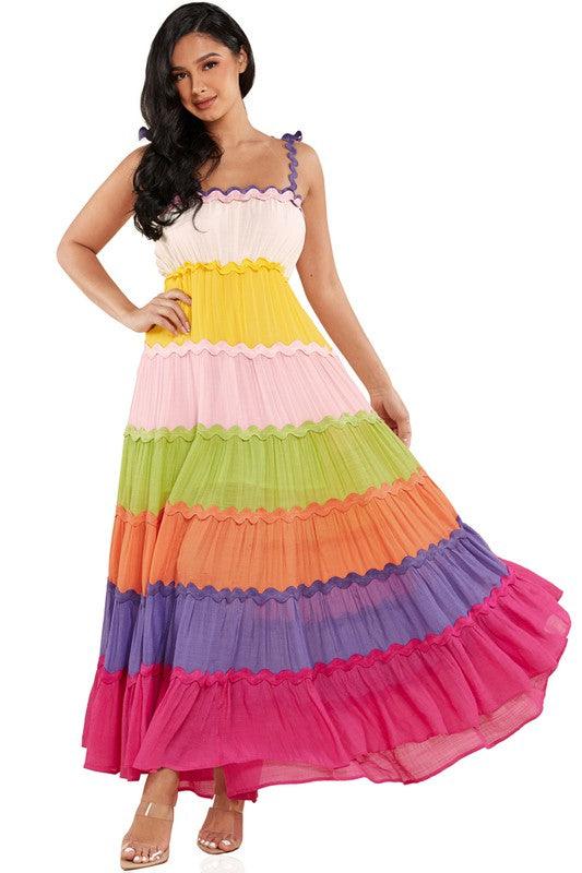 Rainbow Summer Color Boho Style Maxi Dress - PRIVILEGE 