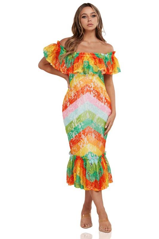 Rainbow Lace Chevrons Print Patterned Midi Dress - PRIVILEGE 