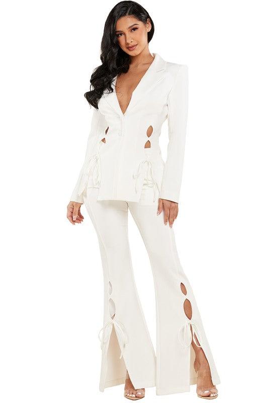 IVORY LACE UP MOFIT FIT AND FLARE 2PC PANT SET - PRIVILEGE 