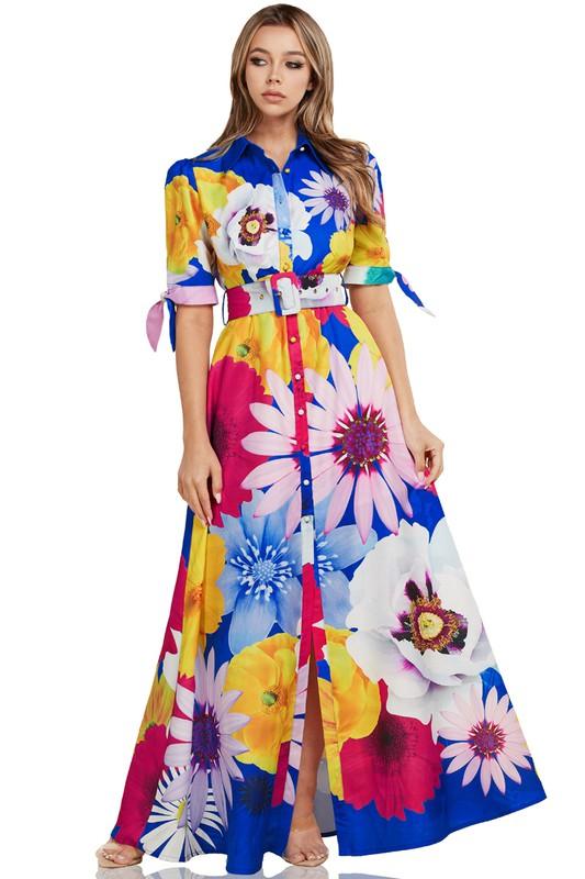 Blue Floral Woven Maxi Shirt Dress with BELT - PRIVILEGE 