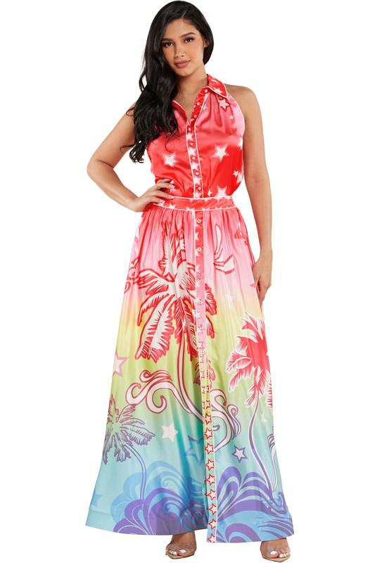 Vibrant Ombre Tropical Print Top and Skirt Set - PRIVILEGE 