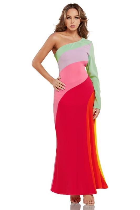 PASTEL COLORBLOCK MAXI DRESS 1 SHOULDER SLEEVE - PRIVILEGE 