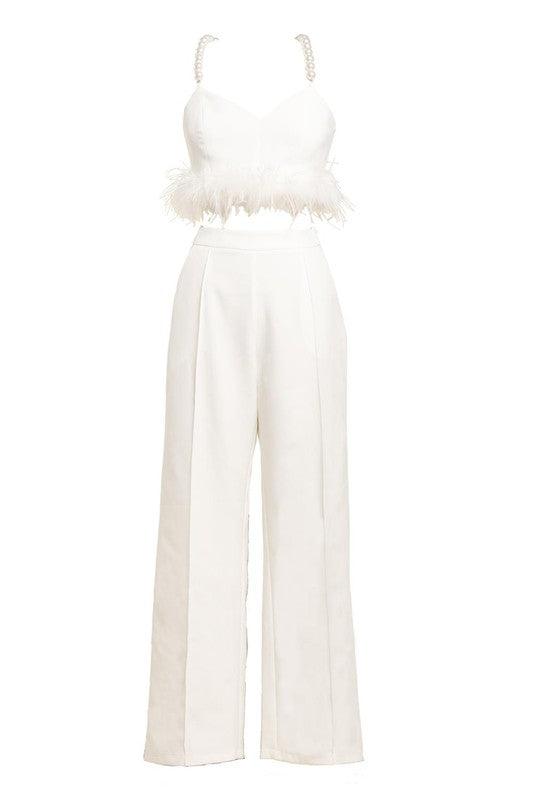 White Pearl Beaded Top & Straight Leg Pant Set - PRIVILEGE 