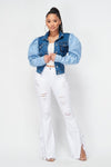 TWO TONE BUBBLE SHOULDER DENIM JACKET - PRIVILEGE 