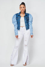 TWO TONE BUBBLE SHOULDER DENIM JACKET - PRIVILEGE 